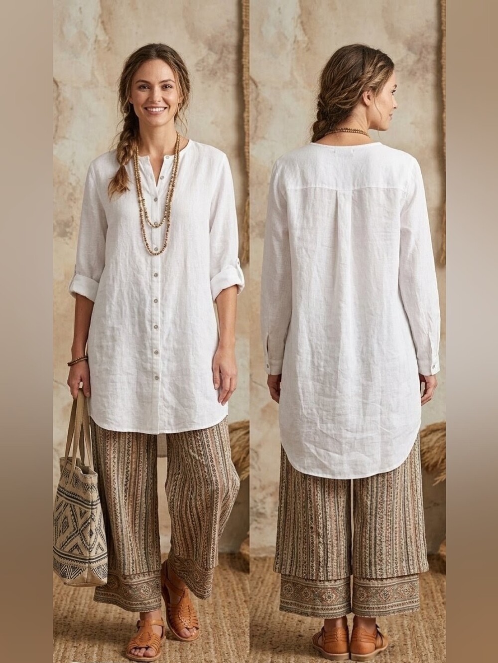 TAHARI Tunic Top Linen Button Down White Long Sleeve Roll Tab Sleeves Size 1X